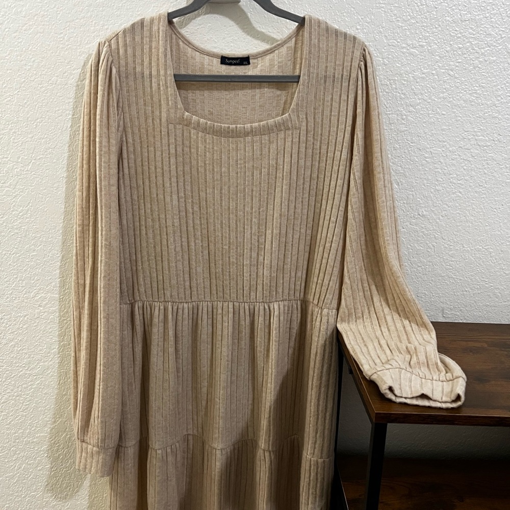 Beige Ribbed Long Sleeve Dress, 2X